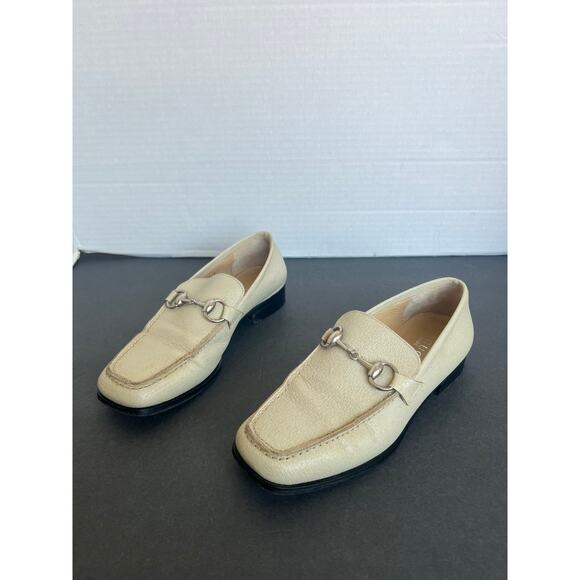 Vintage Cream Horsebit Pebble Leather Slip On Flat Loafer...